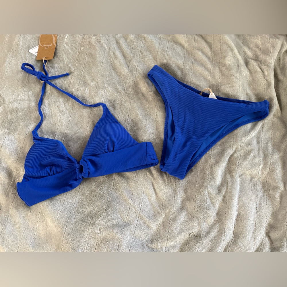 NWT Berlook Blue Women's Ribbed Knot Bikini Top & Bottom Set
